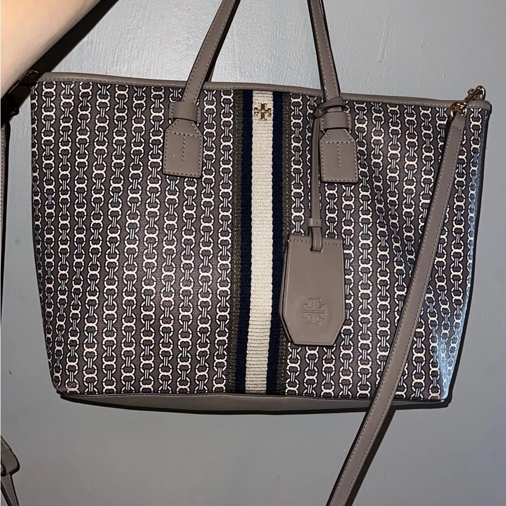 Tory Burch Gray and Black Tote Bag with Geometric Pattern